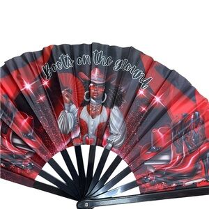 Red and Black Folding Fan with Boots Design